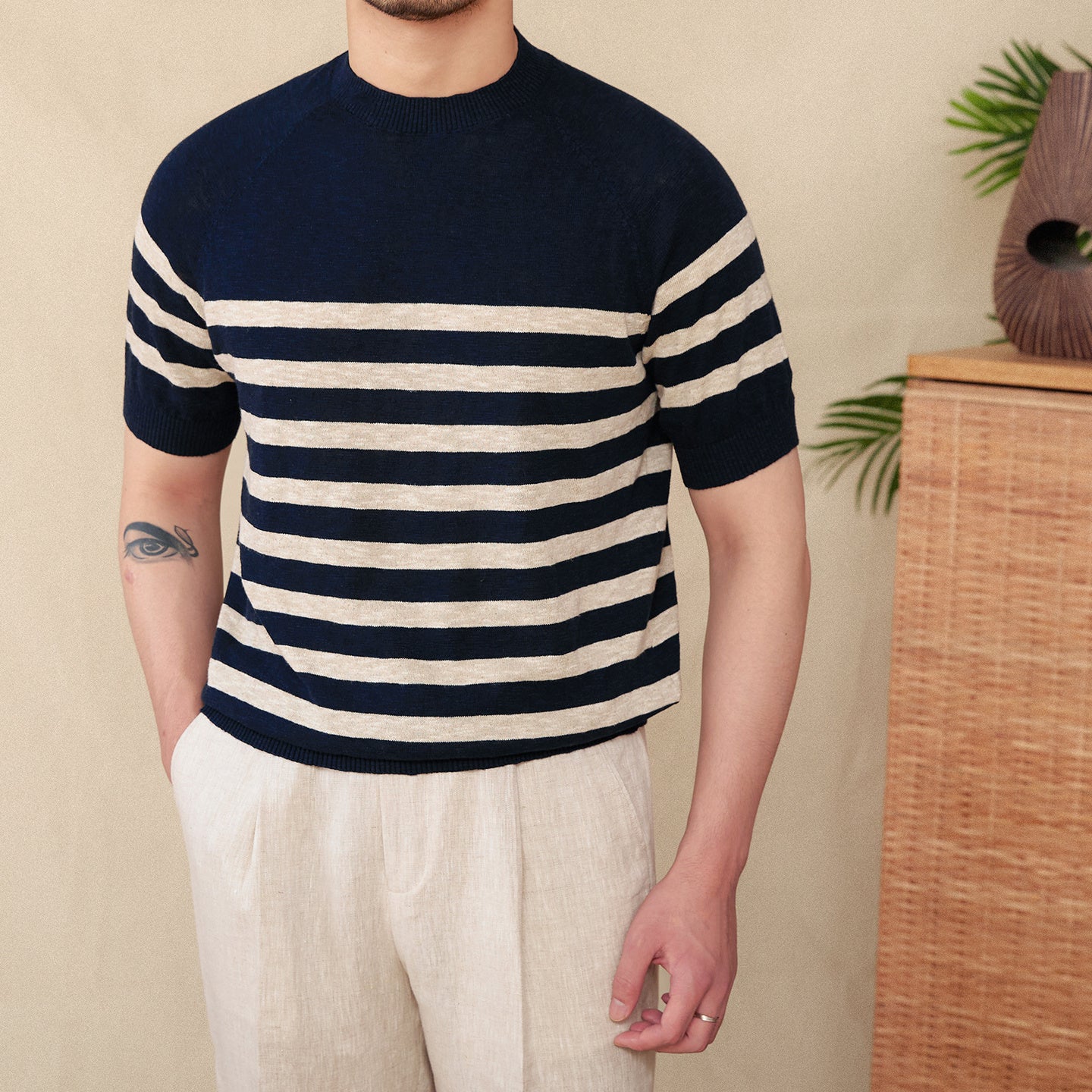 Short Sleeve Linen Stripe Knitted T-shirt