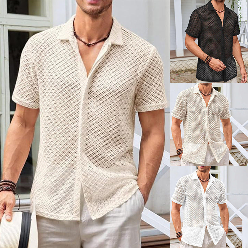 Solid Short Sleeve Mesh Beach Shirt