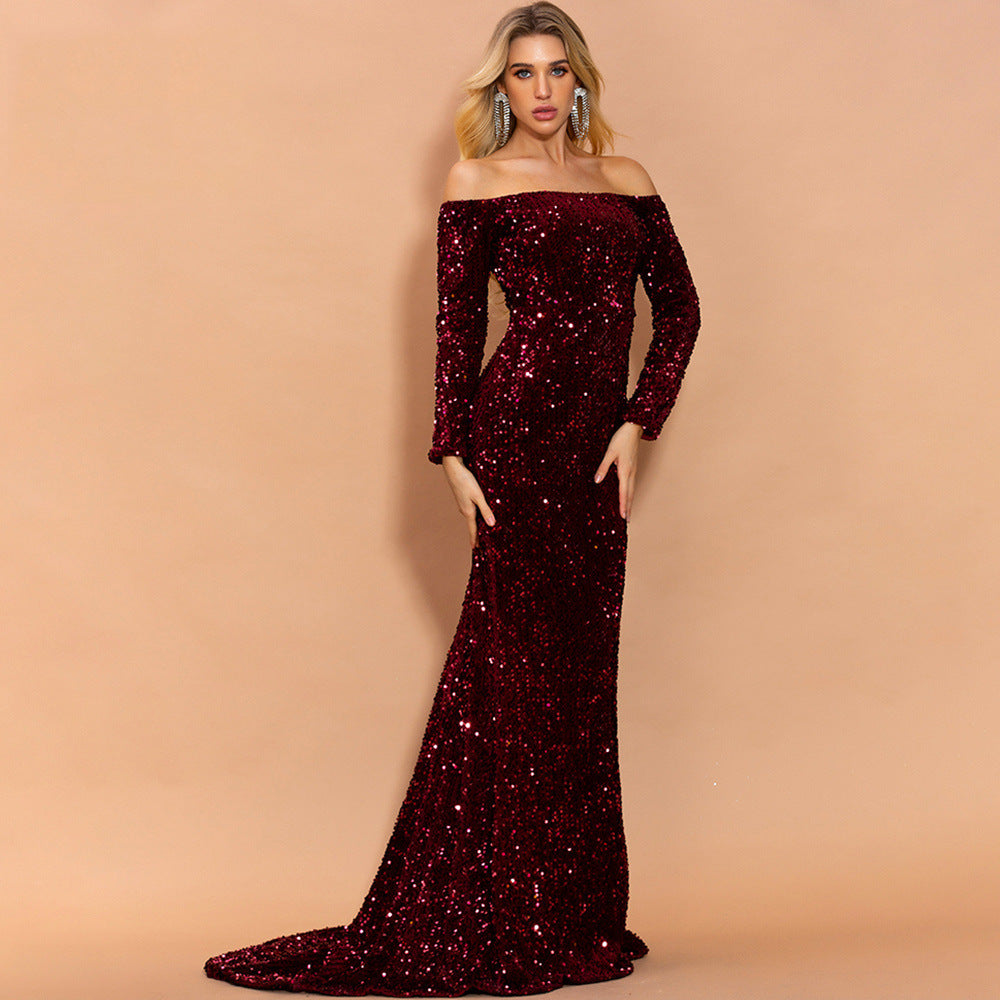 Long Sleeve Sequins Strapless Evening Dress