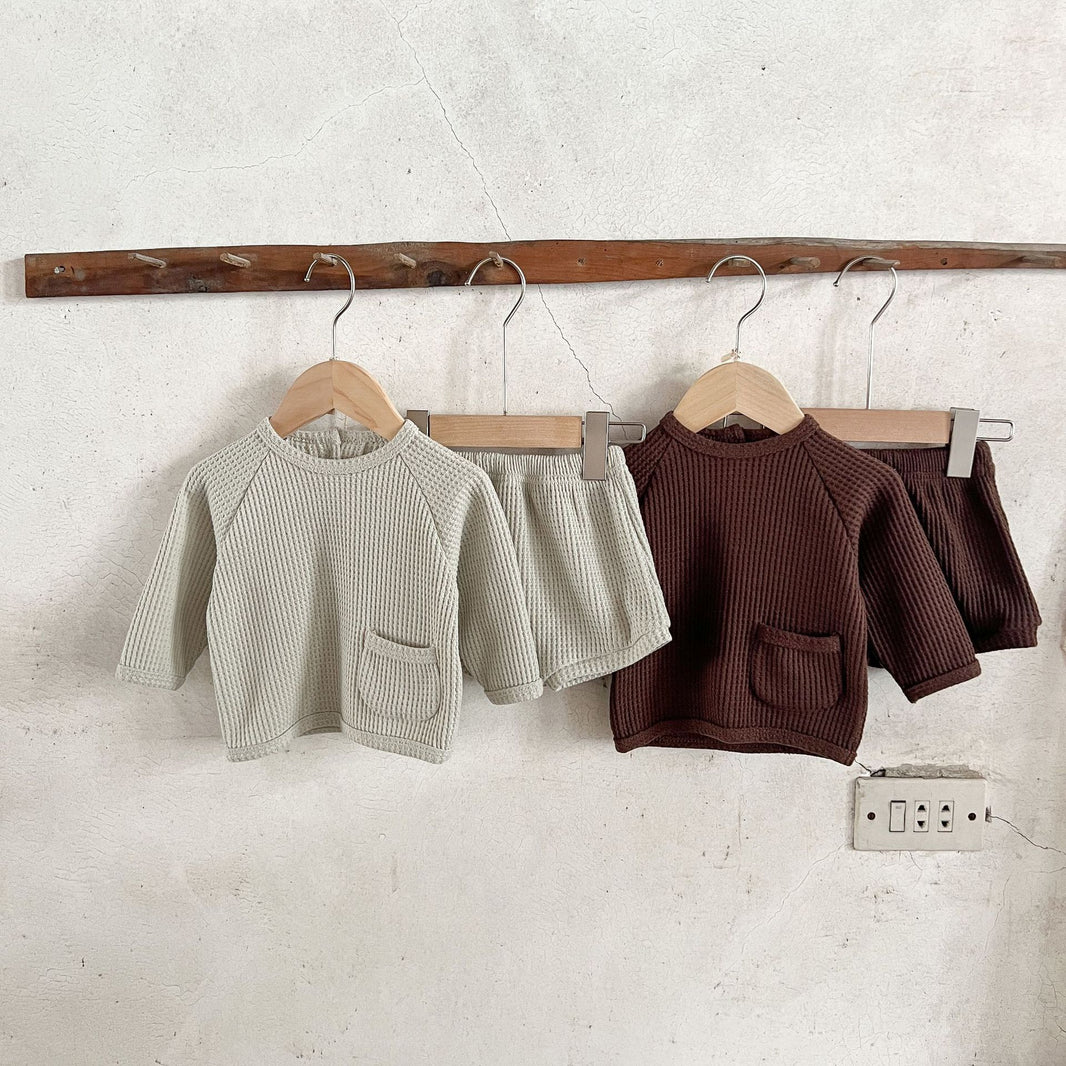 Long Sleeve Waffle Sweatshirt and Shorts Set