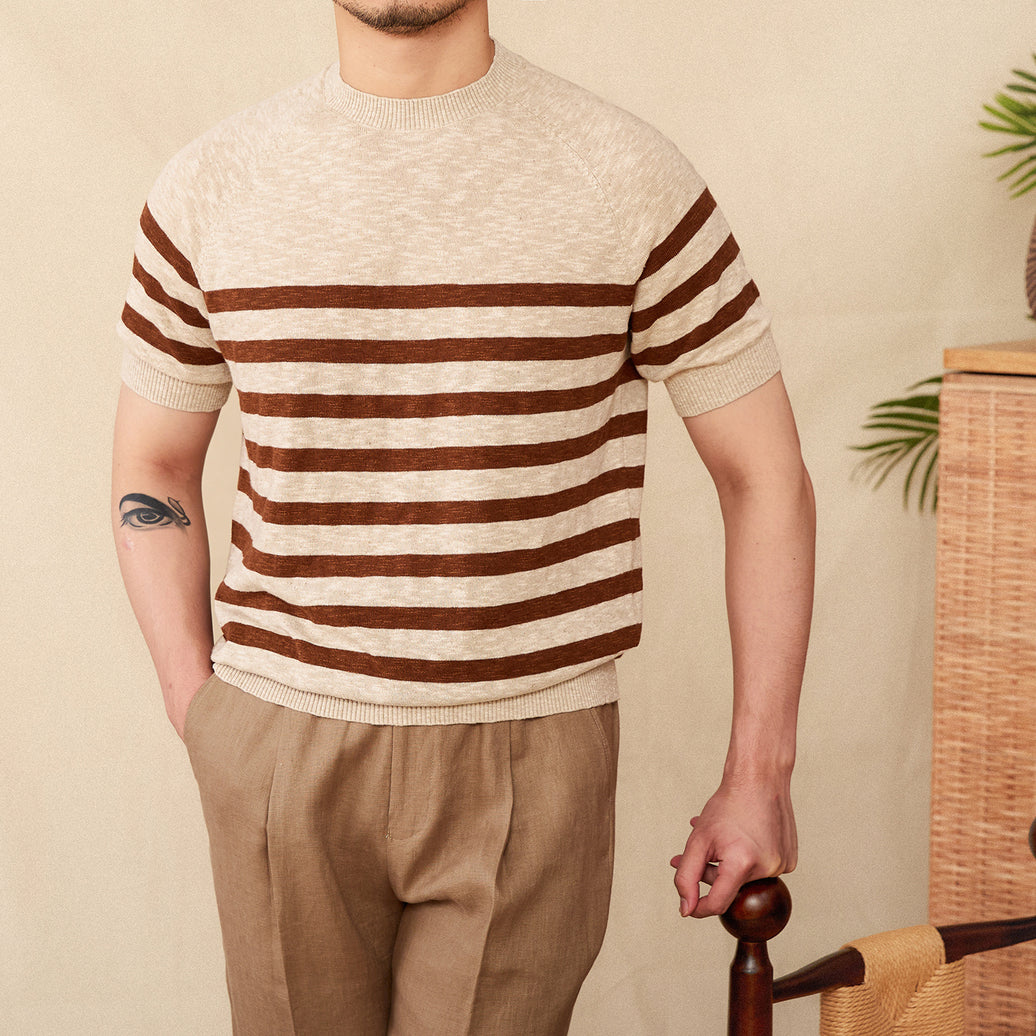 Short Sleeve Linen Stripe Knitted T-shirt