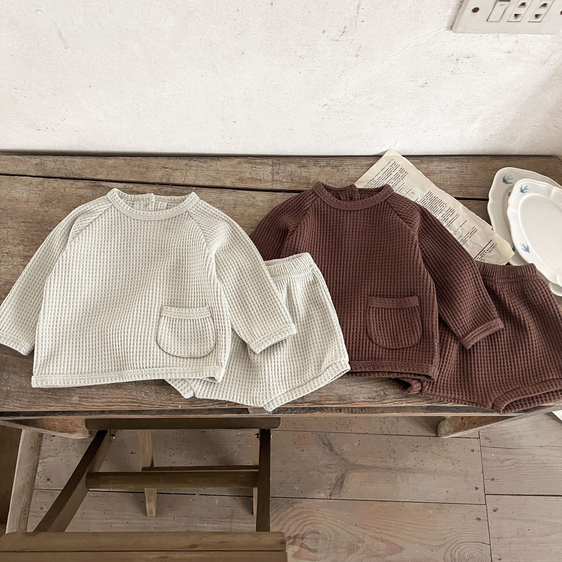 Long Sleeve Waffle Sweatshirt and Shorts Set