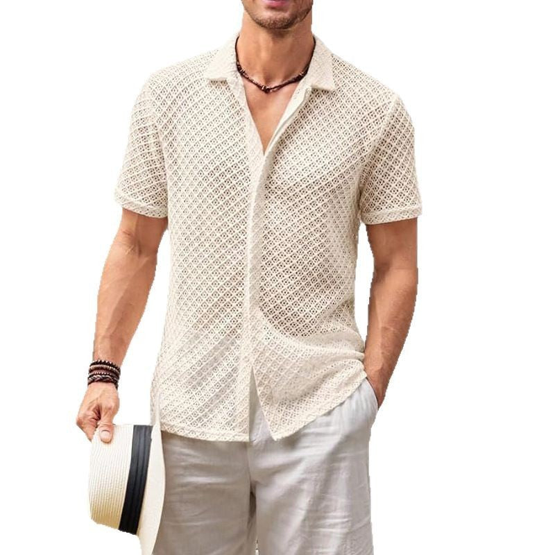 Solid Short Sleeve Mesh Beach Shirt