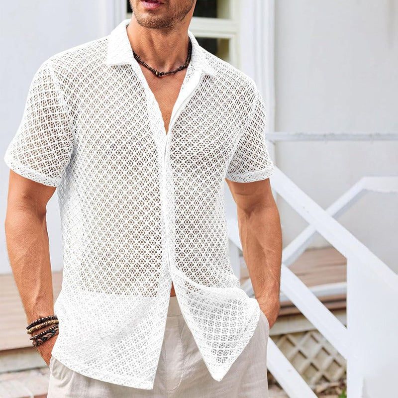Solid Short Sleeve Mesh Beach Shirt