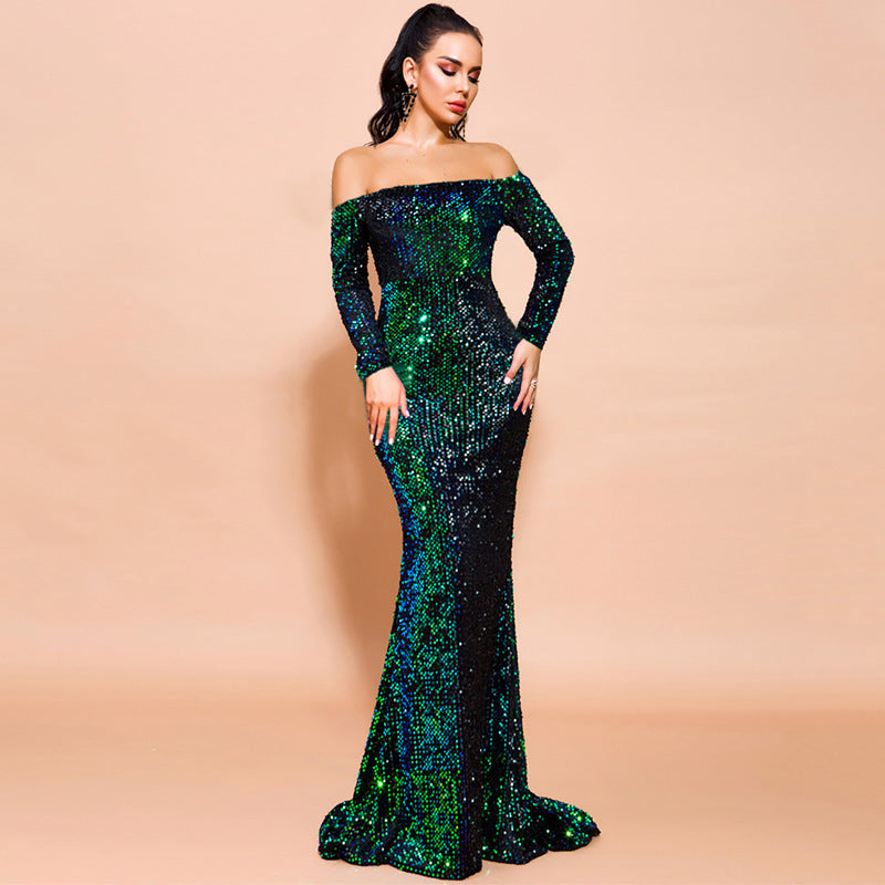 Long Sleeve Sequins Strapless Evening Dress