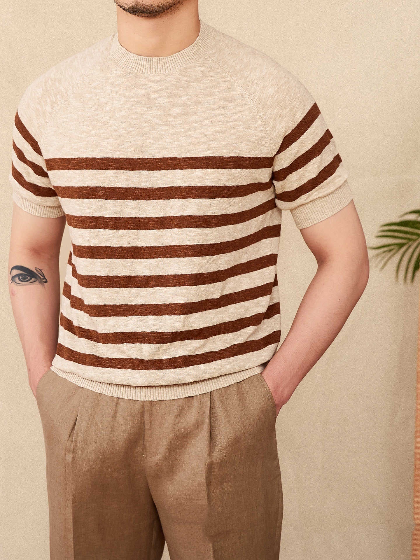 Short Sleeve Linen Stripe Knitted T-shirt
