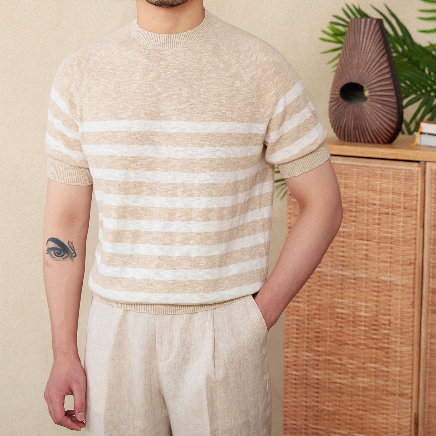 Short Sleeve Linen Stripe Knitted T-shirt