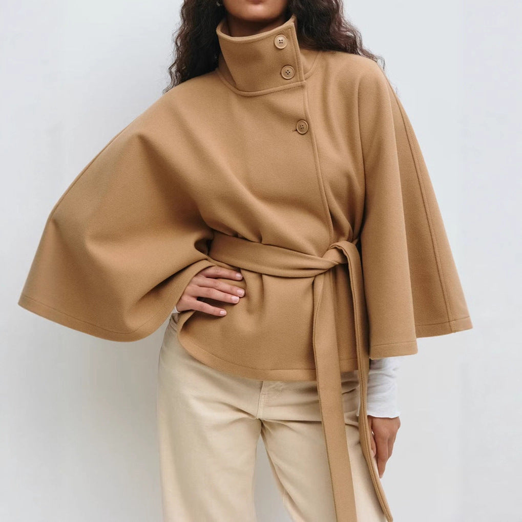 High Neck Batwing Sleeve Coat With Belt