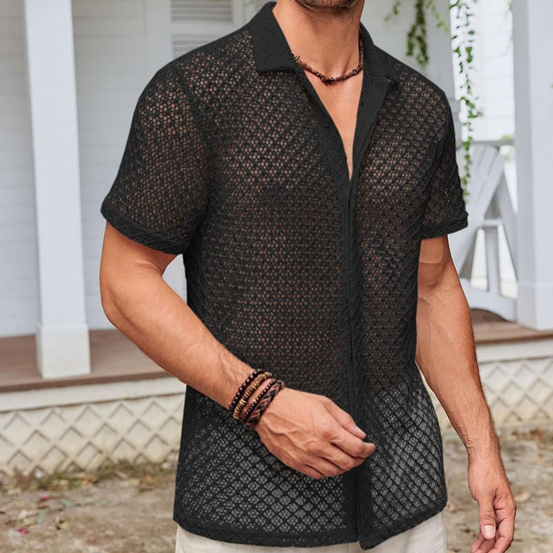 Solid Short Sleeve Mesh Beach Shirt