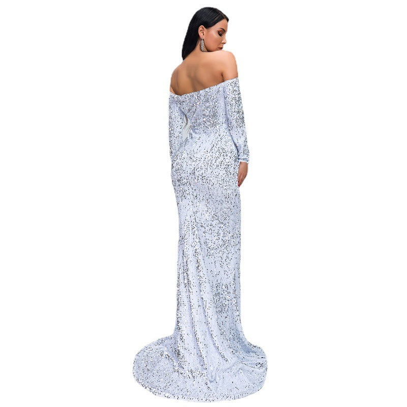 Long Sleeve Sequins Strapless Evening Dress