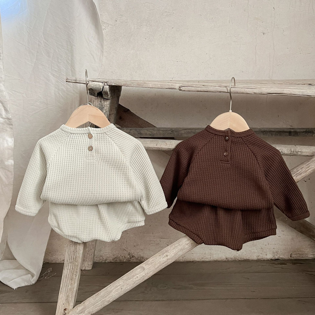 Long Sleeve Waffle Sweatshirt and Shorts Set