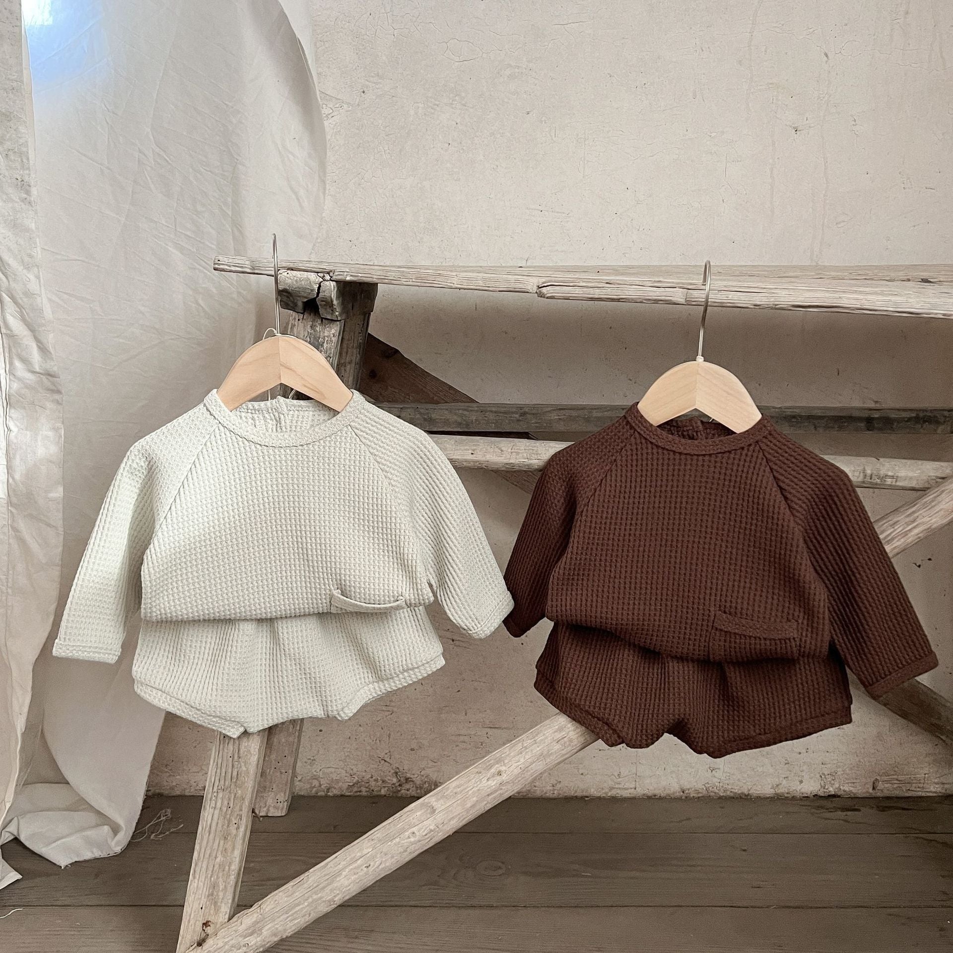 Long Sleeve Waffle Sweatshirt and Shorts Set