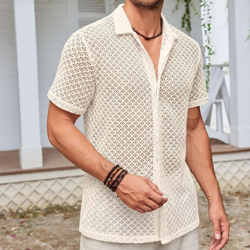 Solid Short Sleeve Mesh Beach Shirt