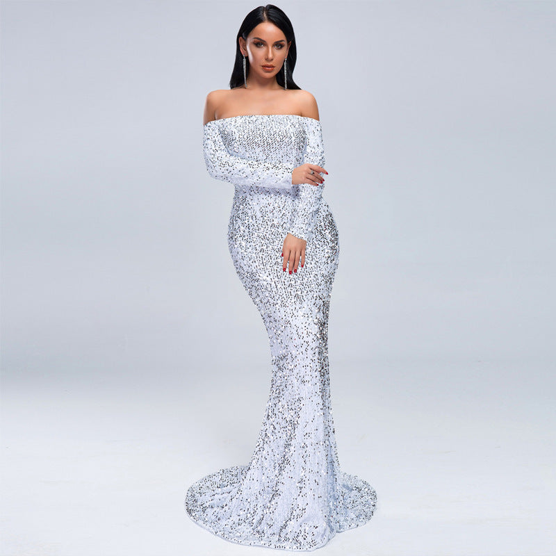 Long Sleeve Sequins Strapless Evening Dress
