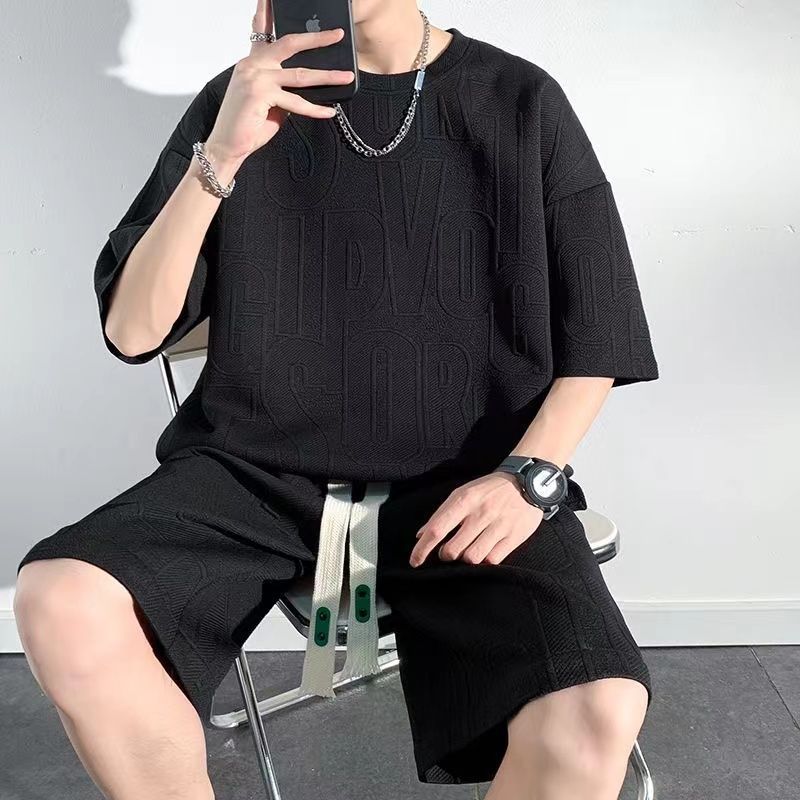 2-Pc Waffle Loose Short-sleeved Men's Set