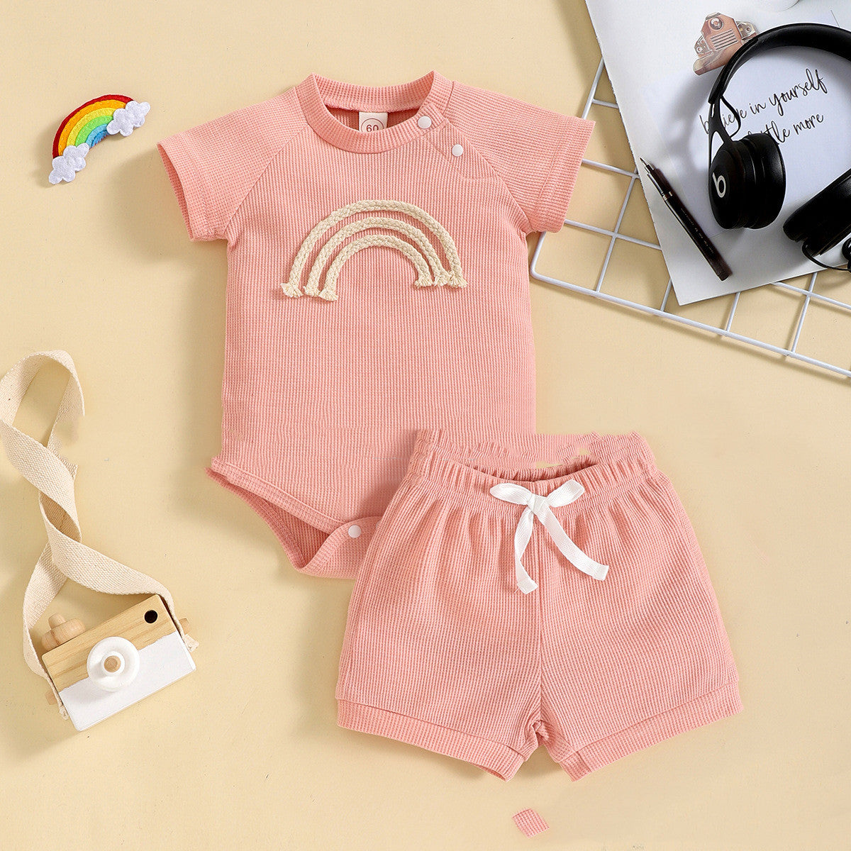 Short Sleeve Rainbow Print Baby Suit
