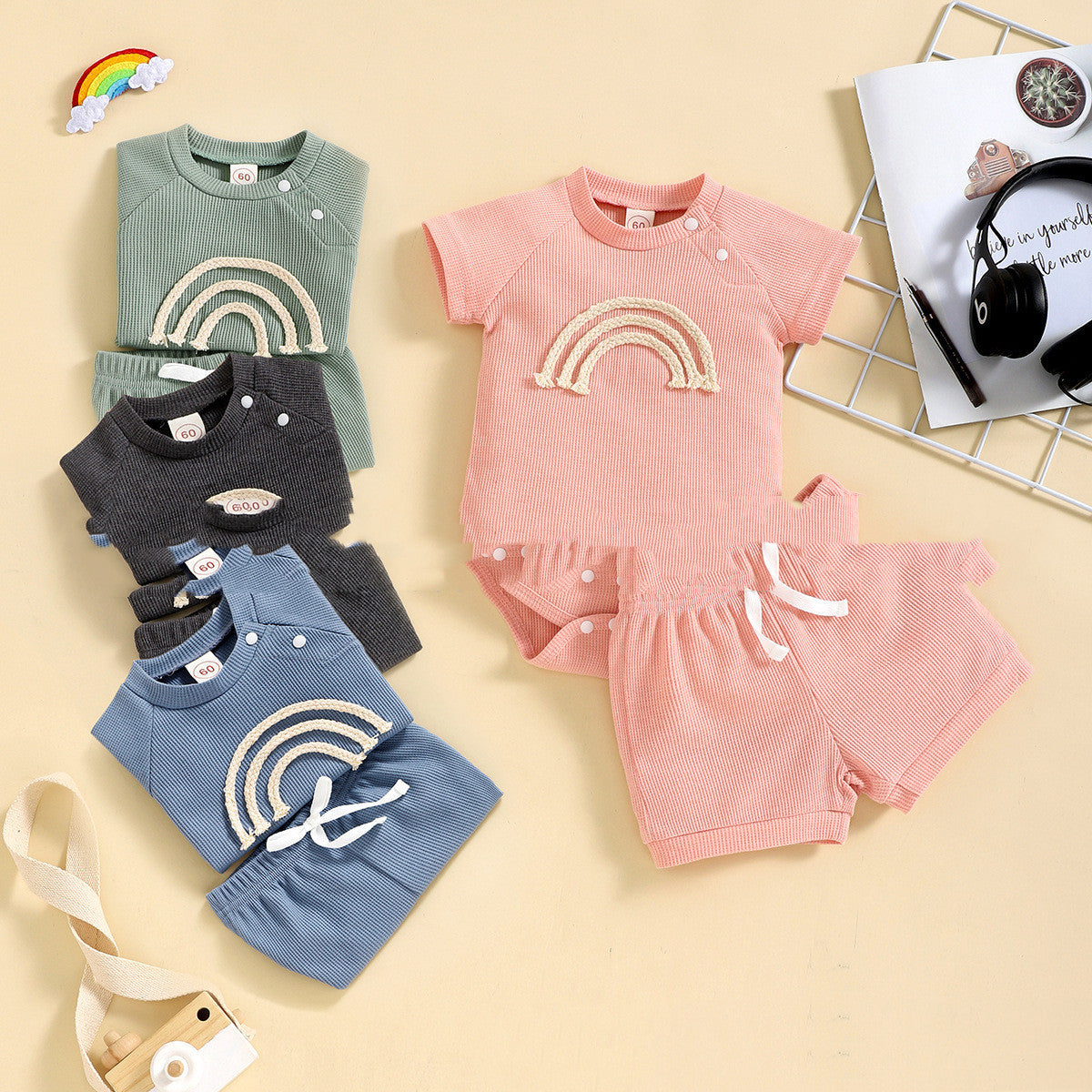 Short Sleeve Rainbow Print Baby Suit