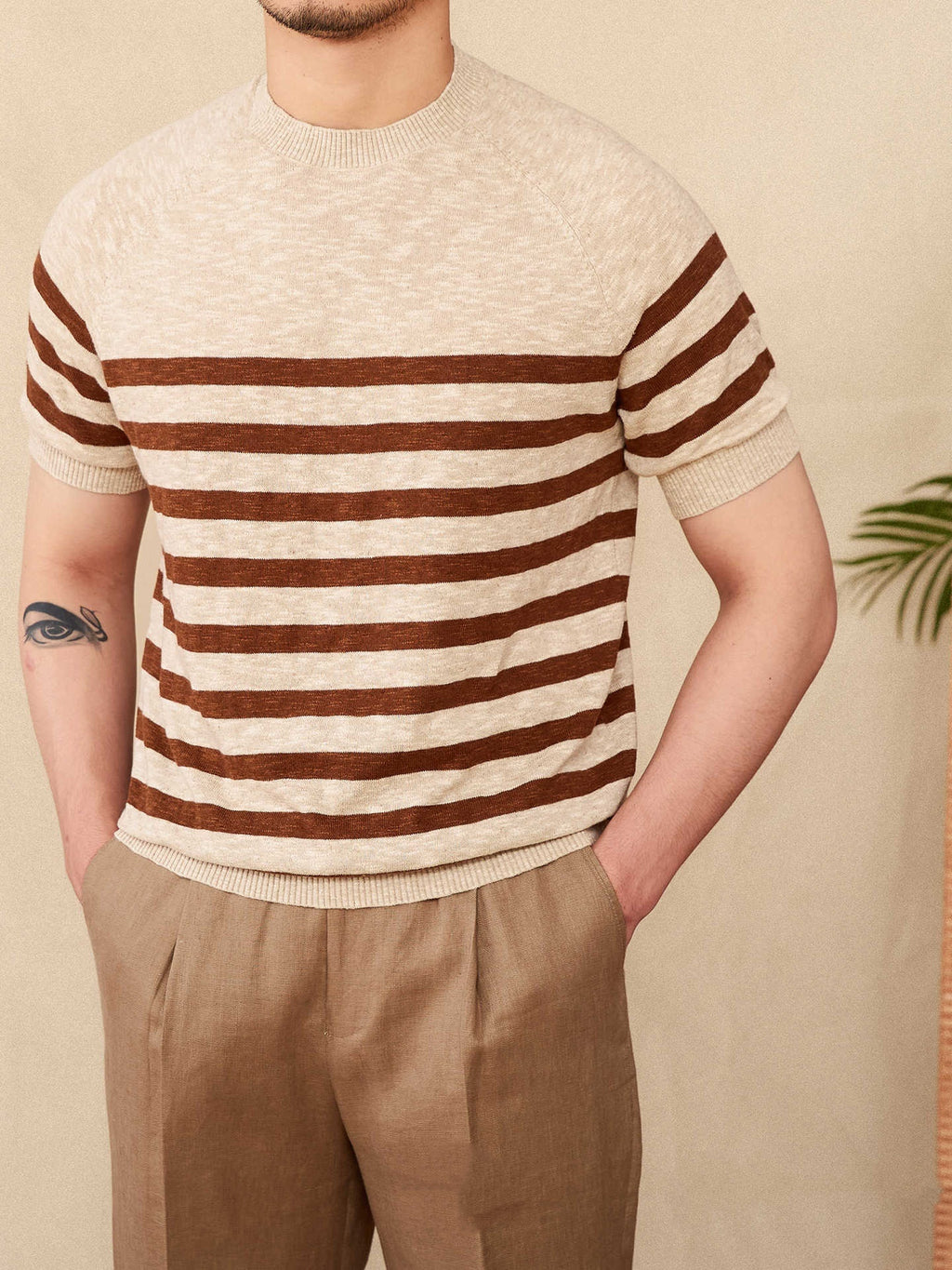 Short Sleeve Linen Stripe Knitted T-shirt