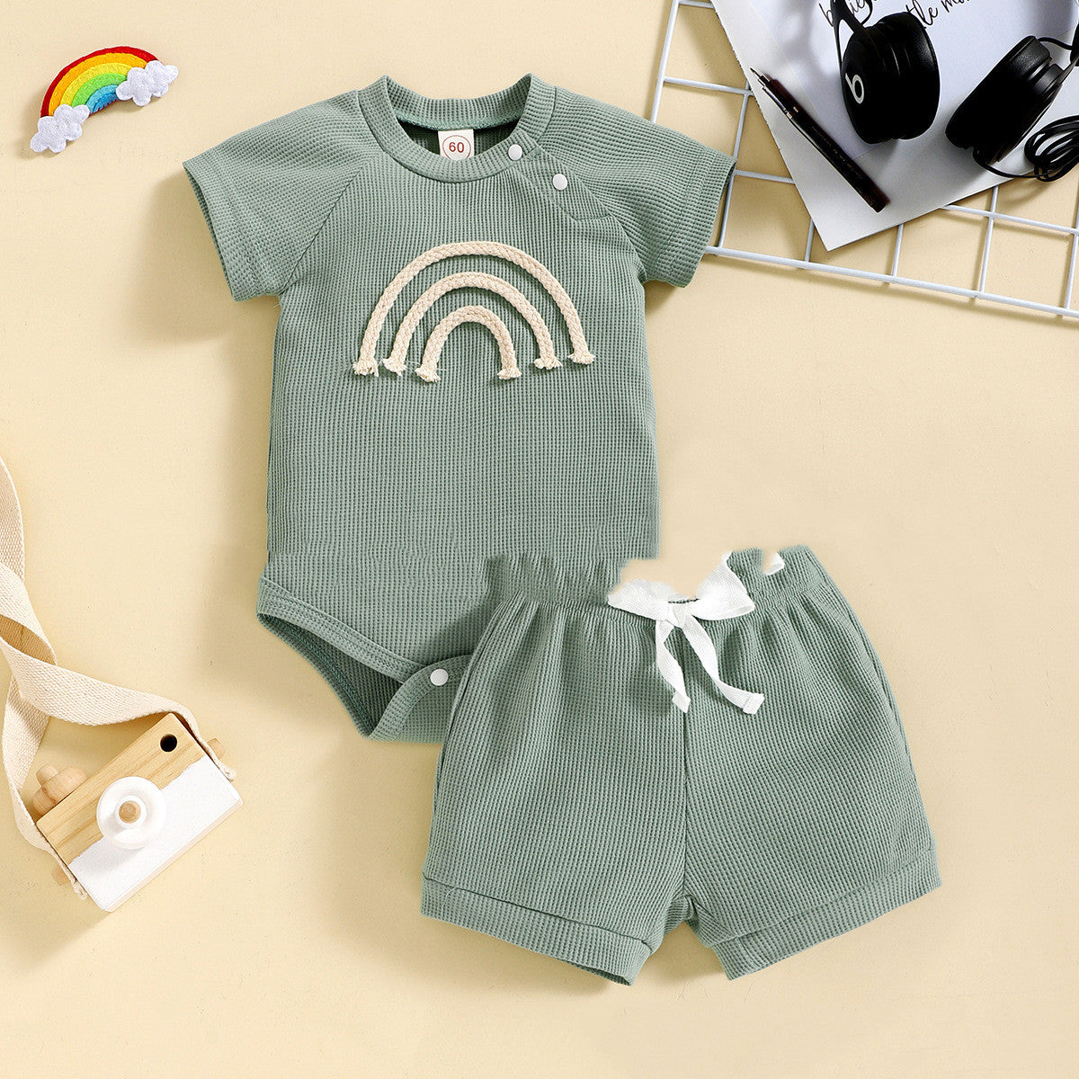 Short Sleeve Rainbow Print Baby Suit