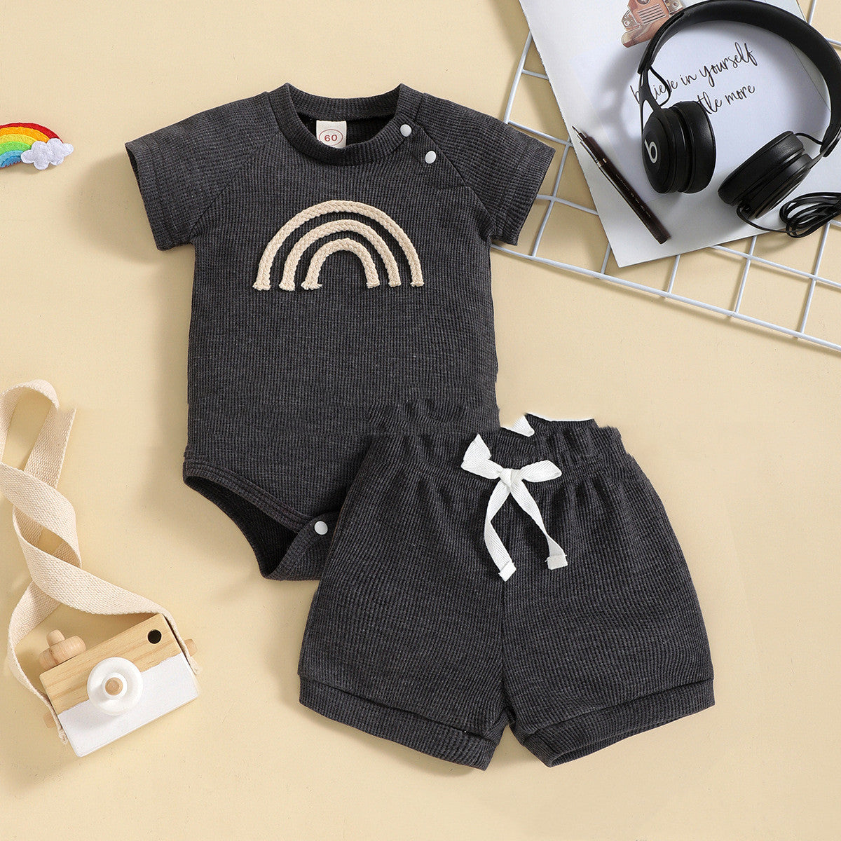Short Sleeve Rainbow Print Baby Suit