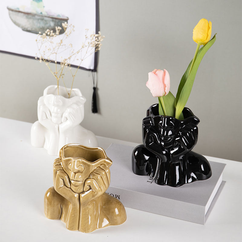 Vase sculpture visage en céramique, déco artistique