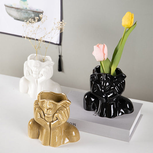 Vase sculpture visage en céramique, déco artistique