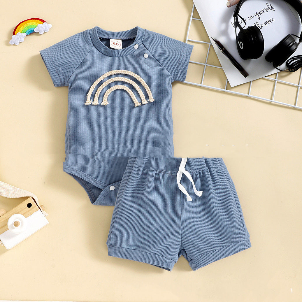 Short Sleeve Rainbow Print Baby Suit